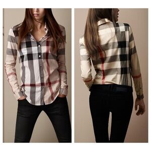 BURBERRY Giant‎ Check Checkered Button-Up Shirt SIZE S XS Tan Red Black Preppy